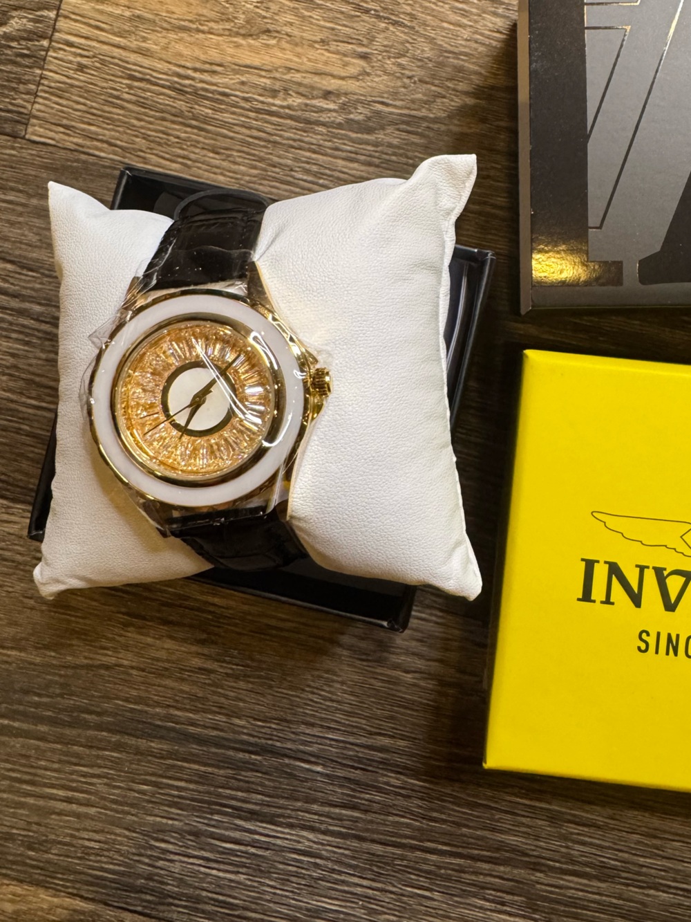 Invicta Gold and White Watch with Black Leather Strap - Women's Accessory